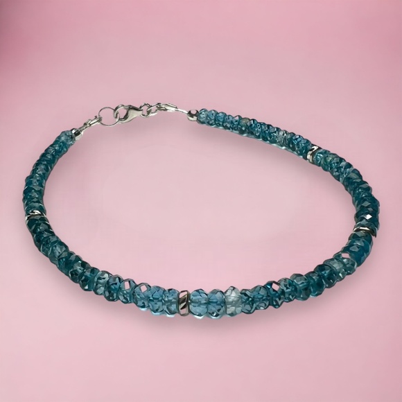 Handcrafted Solid 14K White Gold Natural London Blue Topaz Bracelet , 7.3" - Picture 3 of 11